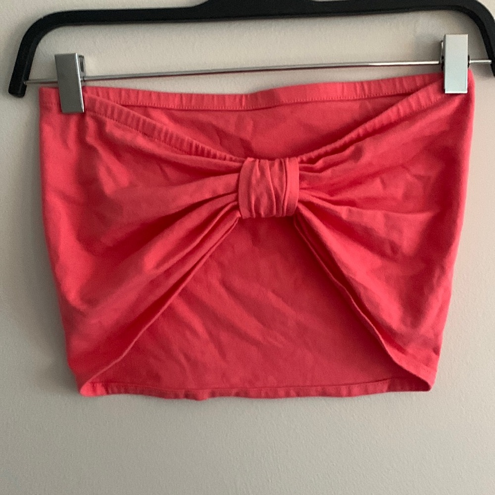 Coral pink large tube top bandeau bow tie in back